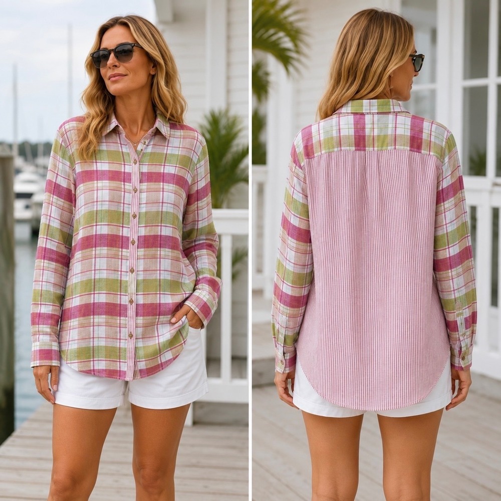 Foxcroft 100% Linen Pink Green Plaid Button Down Shirt Sz 18 Stripes Roll Tab
